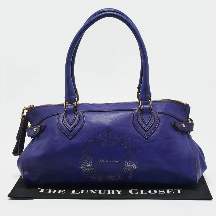 Pre Owned Roberto Cavalli Dark Blue Leather Logo Embossed Satchel
