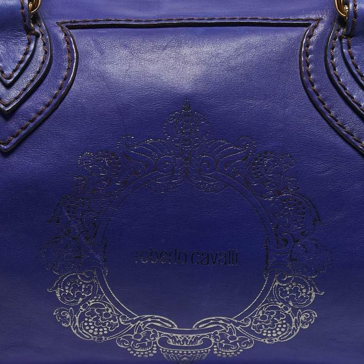 Pre Owned Roberto Cavalli Dark Blue Leather Logo Embossed Satchel