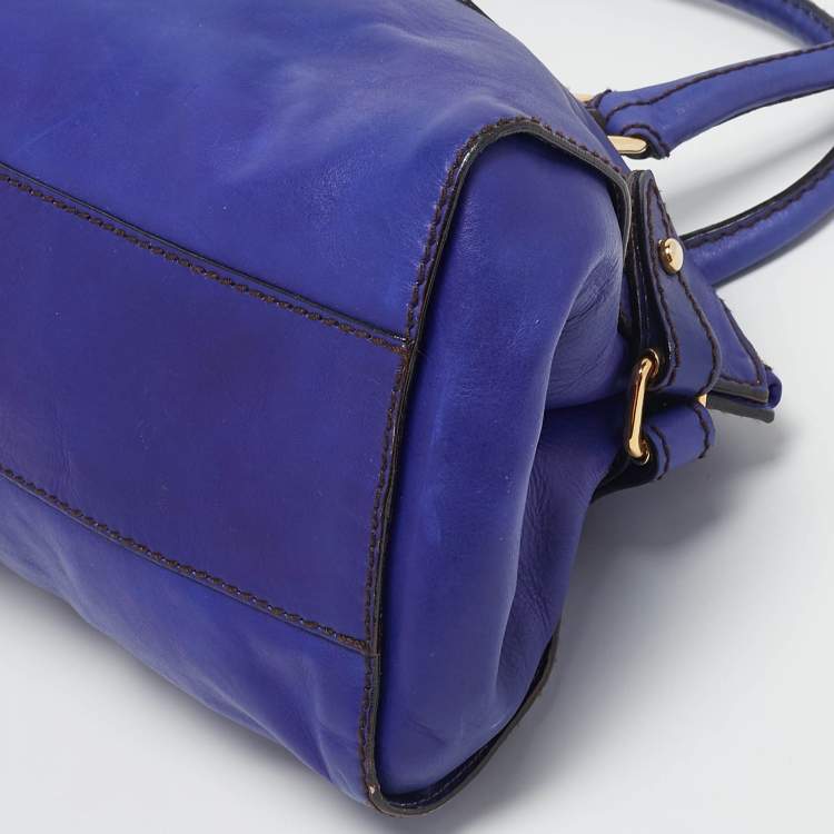 Pre Owned Roberto Cavalli Dark Blue Leather Logo Embossed Satchel