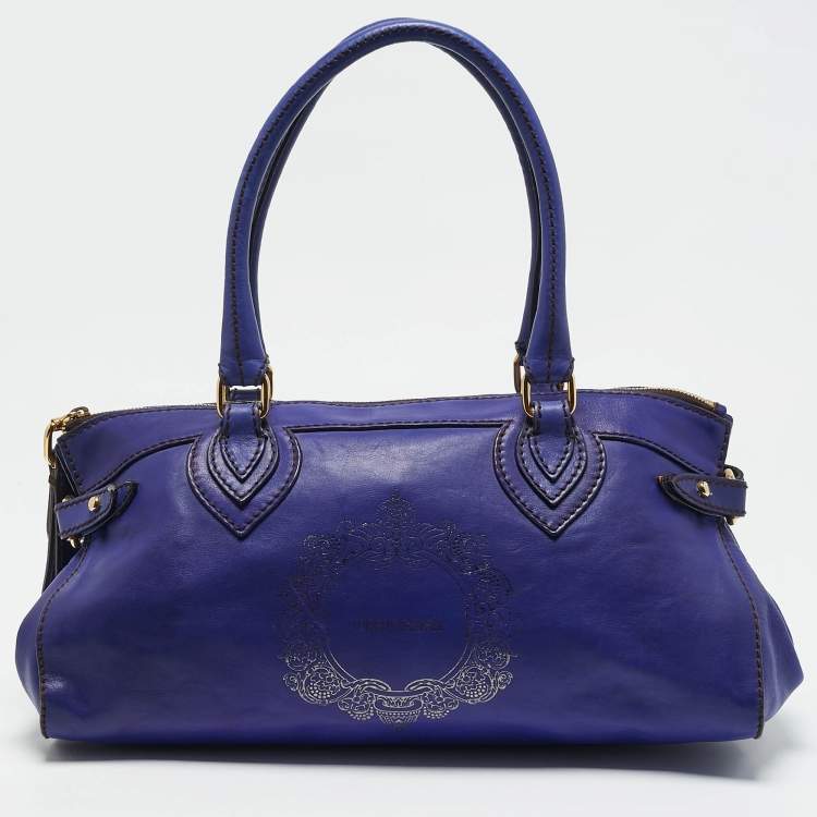 Pre Owned Roberto Cavalli Dark Blue Leather Logo Embossed Satchel