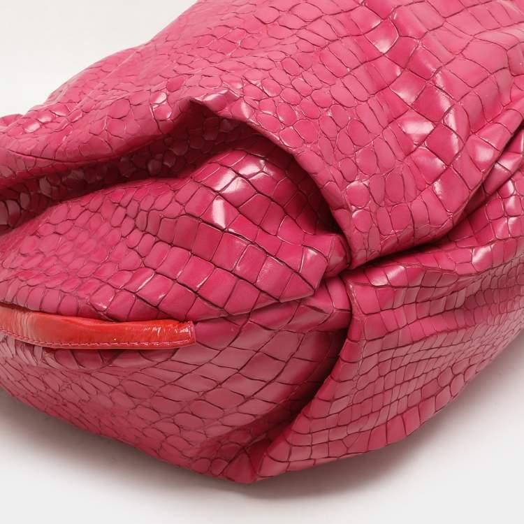 Pre Owned Roberto Cavalli Pink Croc Embossed Leather Hobo