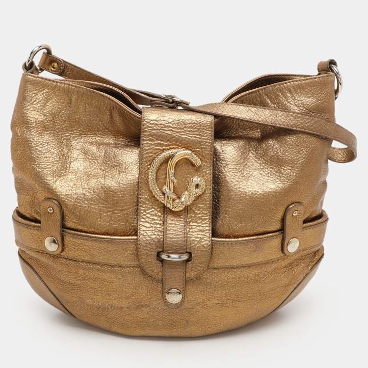 Pre Owned Roberto Cavalli Gold Leather Charm Flap Hobo