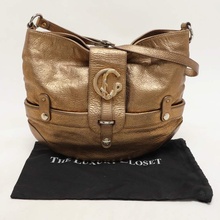 Pre Owned Roberto Cavalli Gold Leather Charm Flap Hobo