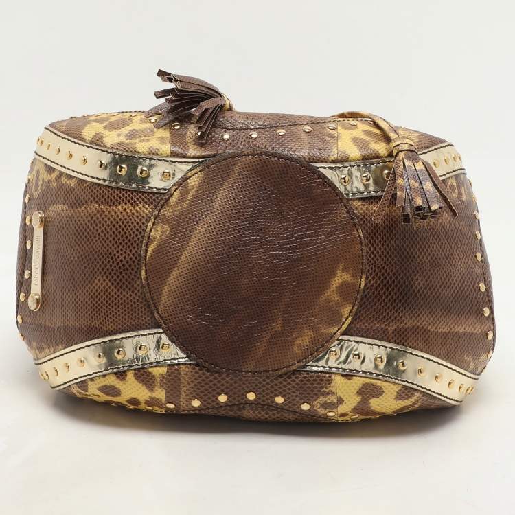 Pre Owned Roberto Cavalli Yellow/Brown Foil Leather and Karung Leather Tassel Drawstring Hobo