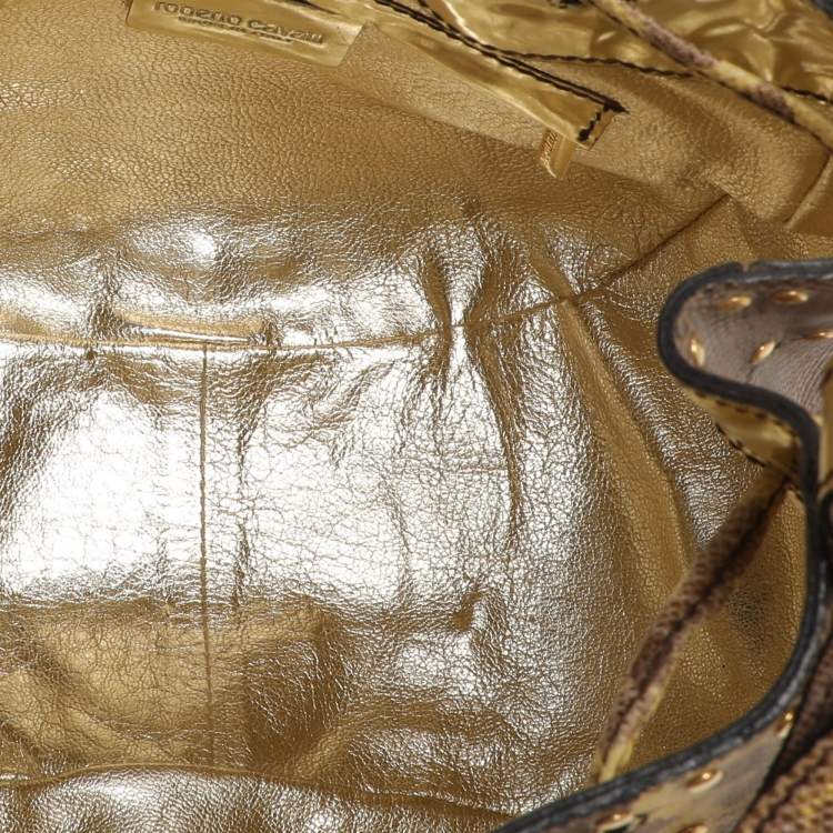 Pre Owned Roberto Cavalli Yellow/Brown Foil Leather and Karung Leather Tassel Drawstring Hobo