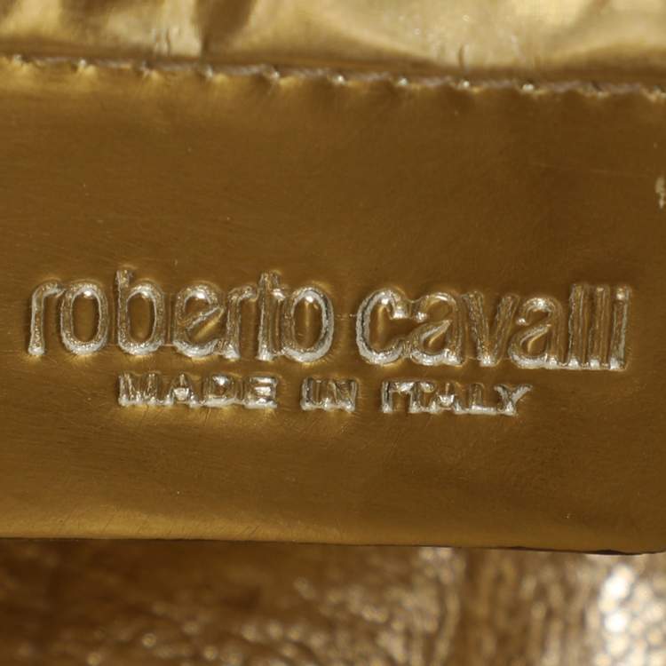 Pre Owned Roberto Cavalli Yellow/Brown Foil Leather and Karung Leather Tassel Drawstring Hobo