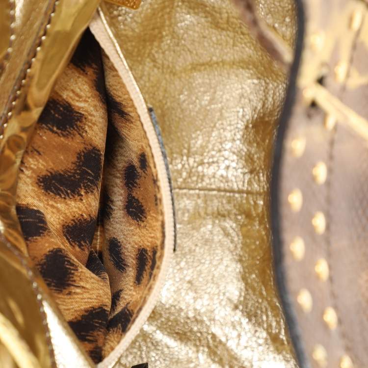 Pre Owned Roberto Cavalli Yellow/Brown Foil Leather and Karung Leather Tassel Drawstring Hobo