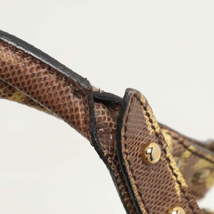 Pre Owned Roberto Cavalli Yellow/Brown Foil Leather and Karung Leather Tassel Drawstring Hobo