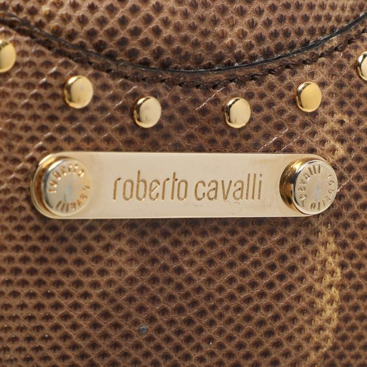 Pre Owned Roberto Cavalli Yellow/Brown Foil Leather and Karung Leather Tassel Drawstring Hobo
