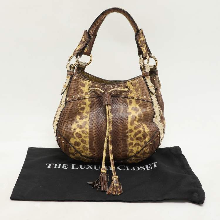 Pre Owned Roberto Cavalli Yellow/Brown Foil Leather and Karung Leather Tassel Drawstring Hobo