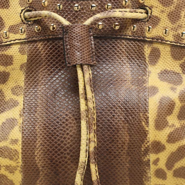 Pre Owned Roberto Cavalli Yellow/Brown Foil Leather and Karung Leather Tassel Drawstring Hobo