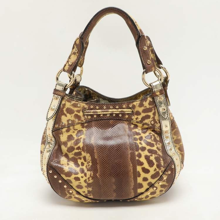 Pre Owned Roberto Cavalli Yellow/Brown Foil Leather and Karung Leather Tassel Drawstring Hobo