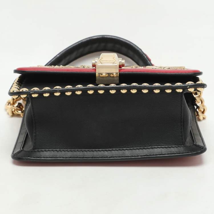 Pre Owned Roberto Cavalli Red/Black Leather Embellished Shoulder Bag