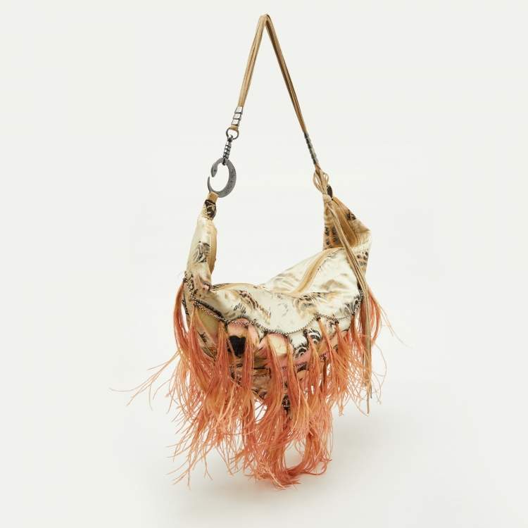 Pre Owned Roberto Cavalli Multicolor Printed Satin Feather Trimmed Shoulder Bag