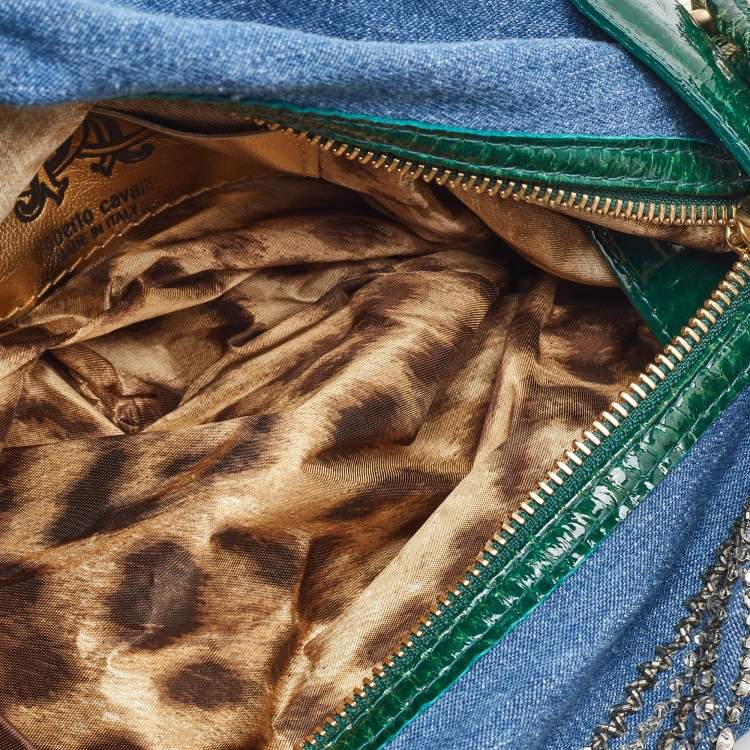 Pre Owned Roberto Cavalli Blue/Green Denim and Patent Leather Embellished Chain Hobo