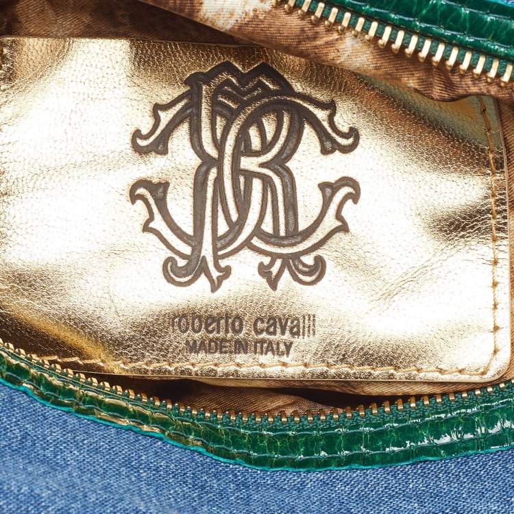 Pre Owned Roberto Cavalli Blue/Green Denim and Patent Leather Embellished Chain Hobo