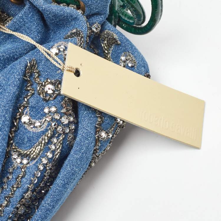 Pre Owned Roberto Cavalli Blue/Green Denim and Patent Leather Embellished Chain Hobo