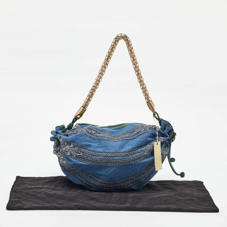 Pre Owned Roberto Cavalli Blue/Green Denim and Patent Leather Embellished Chain Hobo