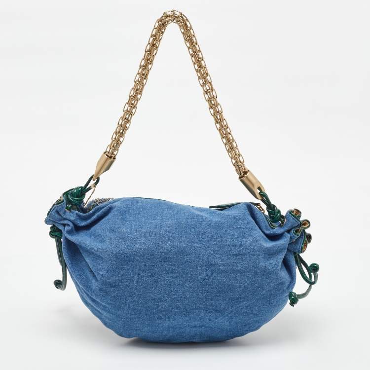 Pre Owned Roberto Cavalli Blue/Green Denim and Patent Leather Embellished Chain Hobo