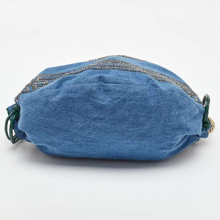 Pre Owned Roberto Cavalli Blue/Green Denim and Patent Leather Embellished Chain Hobo