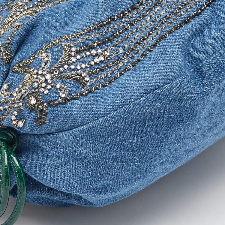 Pre Owned Roberto Cavalli Blue/Green Denim and Patent Leather Embellished Chain Hobo