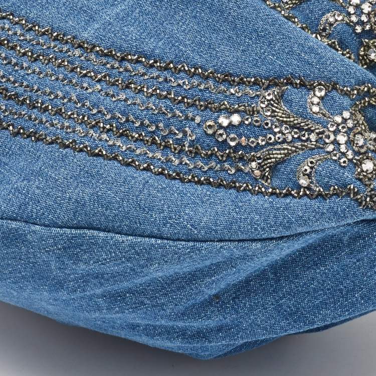 Pre Owned Roberto Cavalli Blue/Green Denim and Patent Leather Embellished Chain Hobo