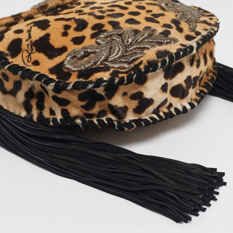 Pre Owned Roberto Cavalli Brown/Black Leopard Print Calf Hair Embroidered Tassel Crossbody Bag