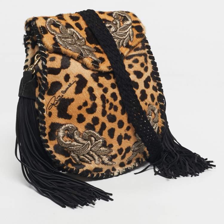 Pre Owned Roberto Cavalli Brown/Black Leopard Print Calf Hair Embroidered Tassel Crossbody Bag