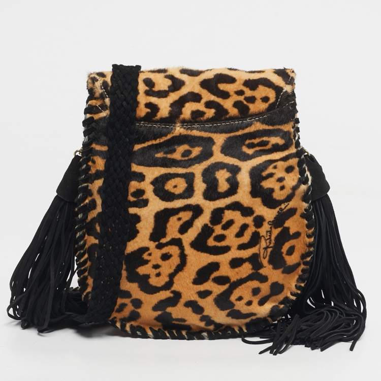 Pre Owned Roberto Cavalli Brown/Black Leopard Print Calf Hair Embroidered Tassel Crossbody Bag