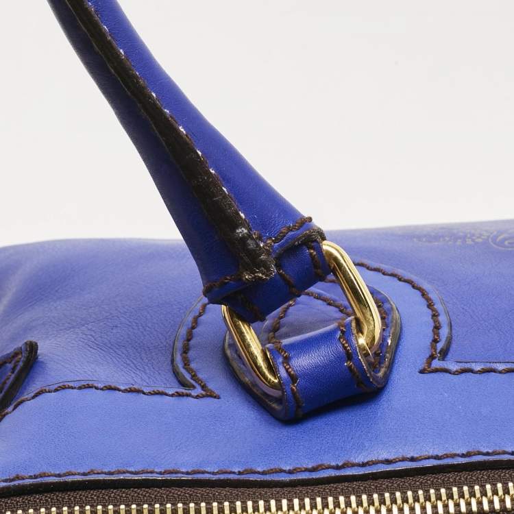 Pre Owned Roberto Cavalli Royal Blue Leather Logo Zip Satchel