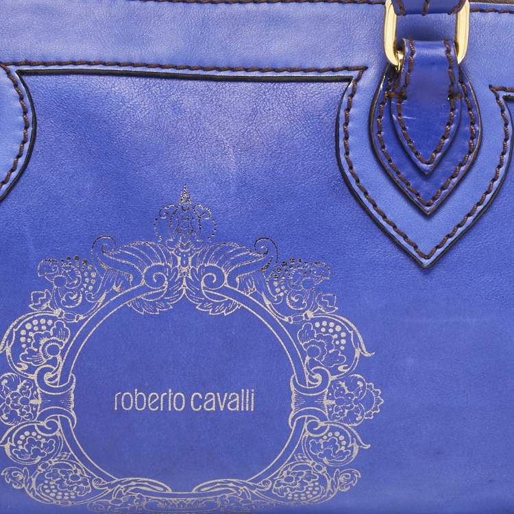 Pre Owned Roberto Cavalli Royal Blue Leather Logo Zip Satchel