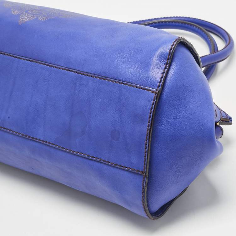 Pre Owned Roberto Cavalli Royal Blue Leather Logo Zip Satchel