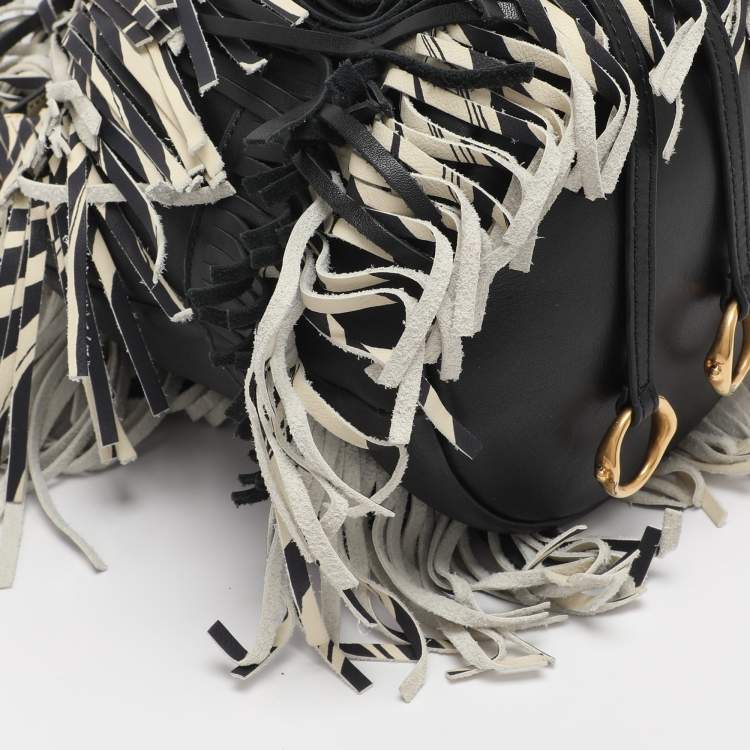 Pre Owned Roberto Cavalli Black/Cream Leather Fringes Bucket Bag