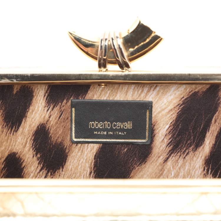 Pre Owned Roberto Cavalli Gold Python Embossed Leather Box Chain Clutch