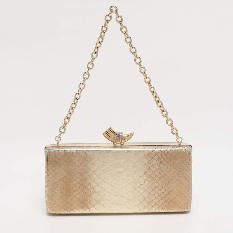 Pre Owned Roberto Cavalli Gold Python Embossed Leather Box Chain Clutch