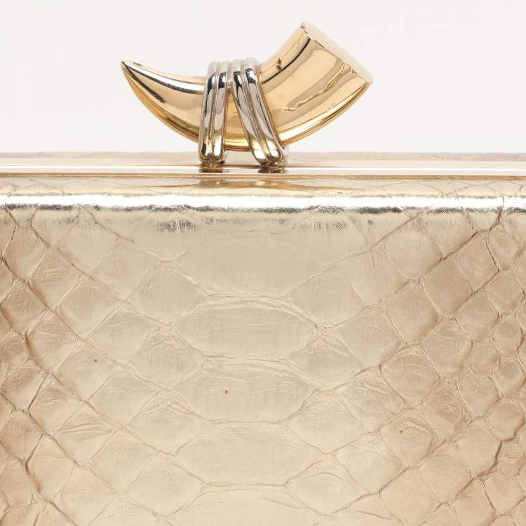 Pre Owned Roberto Cavalli Gold Python Embossed Leather Box Chain Clutch