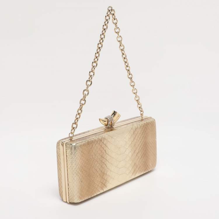 Pre Owned Roberto Cavalli Gold Python Embossed Leather Box Chain Clutch