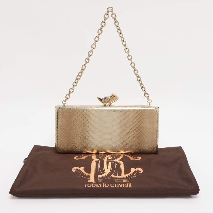 Pre Owned Roberto Cavalli Gold Python Embossed Leather Box Chain Clutch