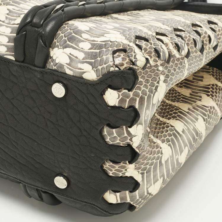 Pre Owned Roberto Cavalli Black/Cream Watersnake and Leather RC Flap Tote