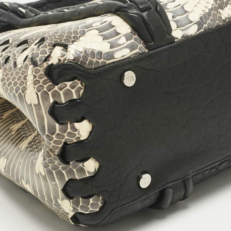 Pre Owned Roberto Cavalli Black/Cream Watersnake and Leather RC Flap Tote