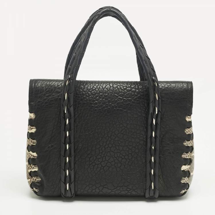 Pre Owned Roberto Cavalli Black/Cream Watersnake and Leather RC Flap Tote
