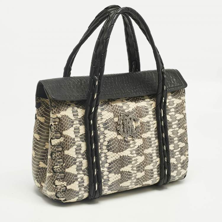 Pre Owned Roberto Cavalli Black/Cream Watersnake and Leather RC Flap Tote