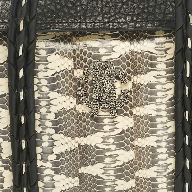 Pre Owned Roberto Cavalli Black/Cream Watersnake and Leather RC Flap Tote