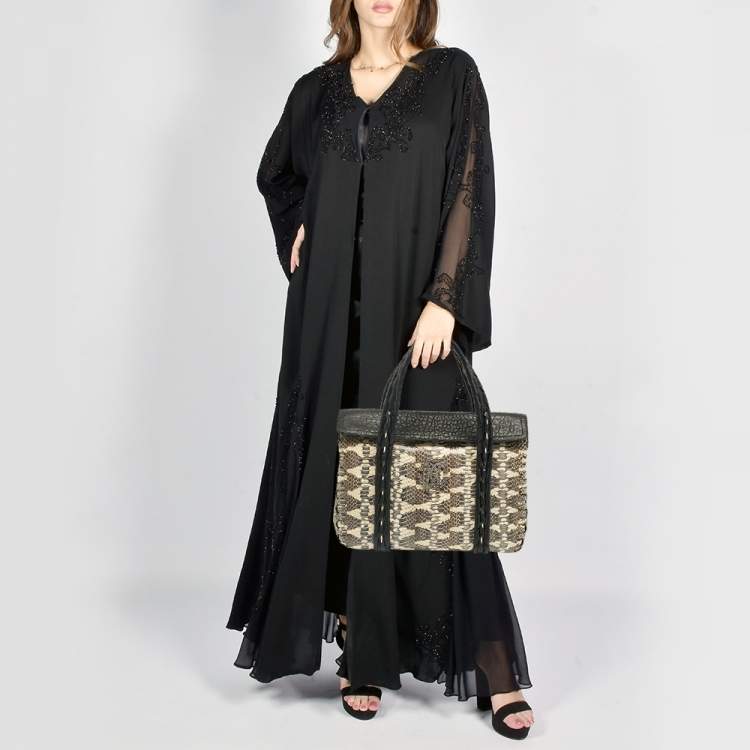 Pre Owned Roberto Cavalli Black/Cream Watersnake and Leather RC Flap Tote