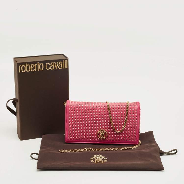 Pre Owned محفظة بسلسلة روبerto cavalli جلد وردي مرصعة