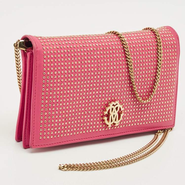 Pre Owned محفظة بسلسلة روبerto cavalli جلد وردي مرصعة