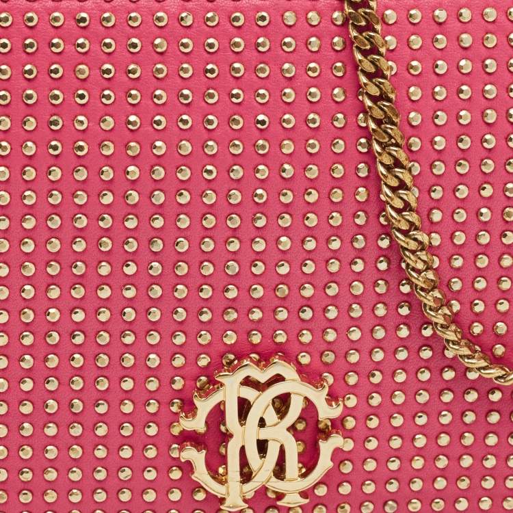 Pre Owned محفظة بسلسلة روبerto cavalli جلد وردي مرصعة