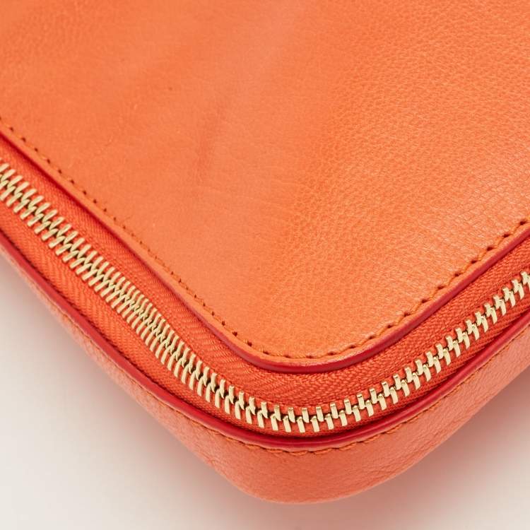 Pre Owned Roberto Cavalli Orange Leather RC Logo Zip Aound Clutch