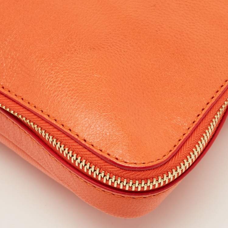 Pre Owned Roberto Cavalli Orange Leather RC Logo Zip Aound Clutch