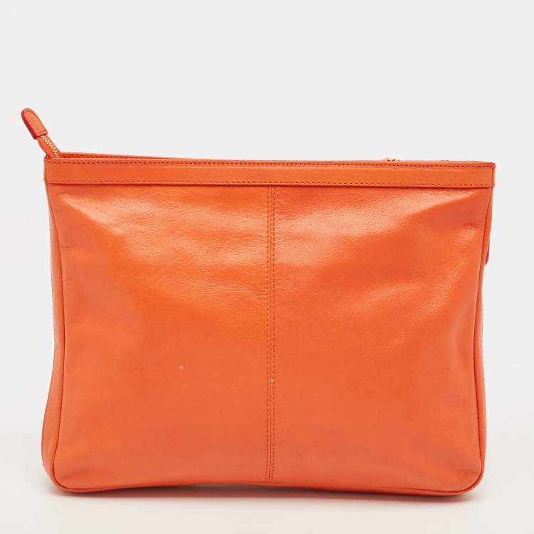 Pre Owned Roberto Cavalli Orange Leather RC Logo Zip Aound Clutch